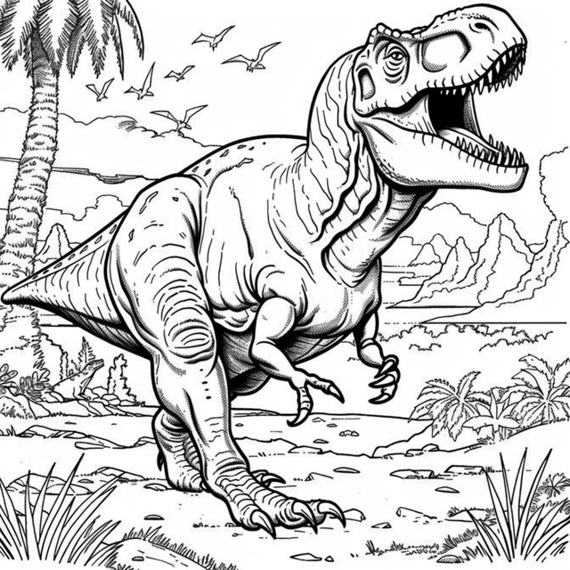 Dinosaurios 4 páginas para colorear gratis El Poderoso Tiranosaurio Rex para adultos