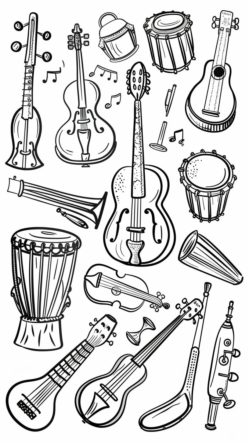 Instrumentos Musicales 12 páginas para colorear para adultos Instrumentos Musicales para Colorear