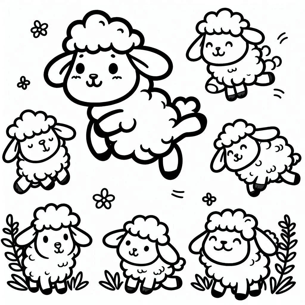 Schaf 16 Ausmalbilderseiten für Kinder Jumping Sheep 7