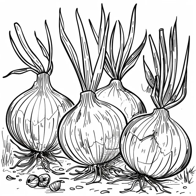 Cebolla 6 páginas para colorear imprimibles Se cultivan Cebolla en el jardín