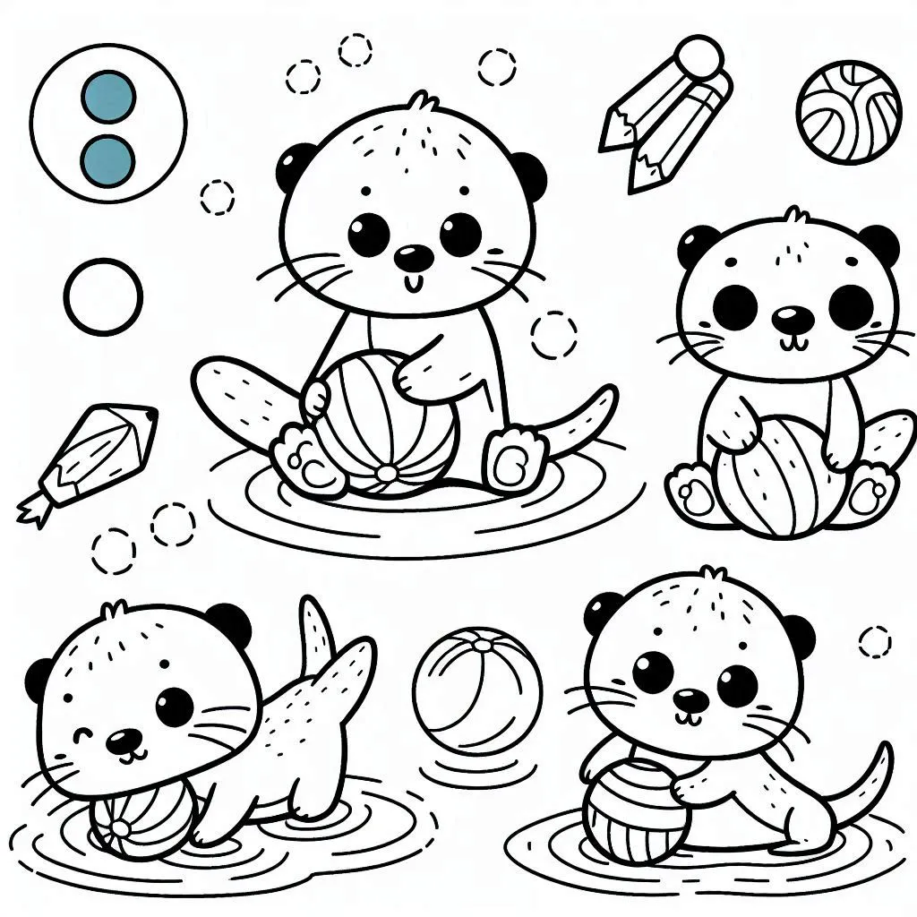 páginas para colorear kawaii lindas Nutrias Jugando con Pelotas 4