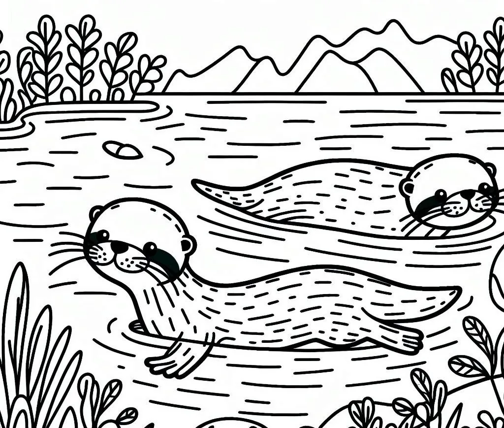 páginas para colorear imprimibles Nutrias Nadando en el Río 2