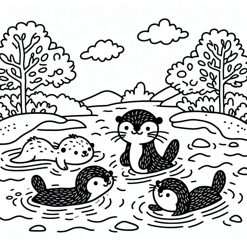 Nutrias Nadando en el Río 4 páginas para colorear para niños